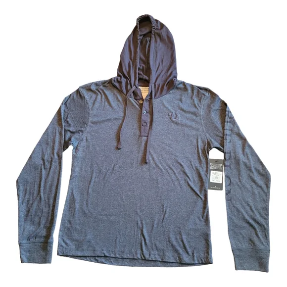 True Religion Hooded Henley Shirt Dark Blue Heathered Cotton Blend Size Medium
